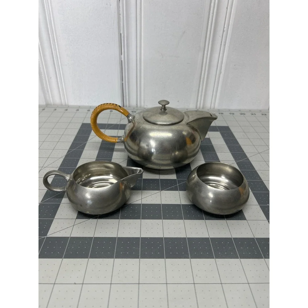 Vtg Royal Holland Pewter Tea Set Silver MCM Wicker Handle Teapot Creamer Sugar‎